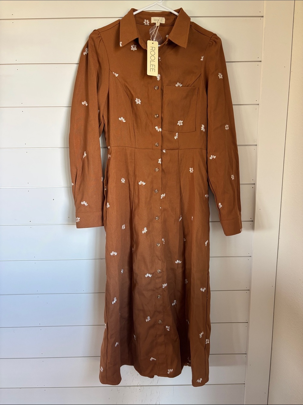 Roolee Rust Brown Long-Sleeve Button-Front Floral Midi Dress